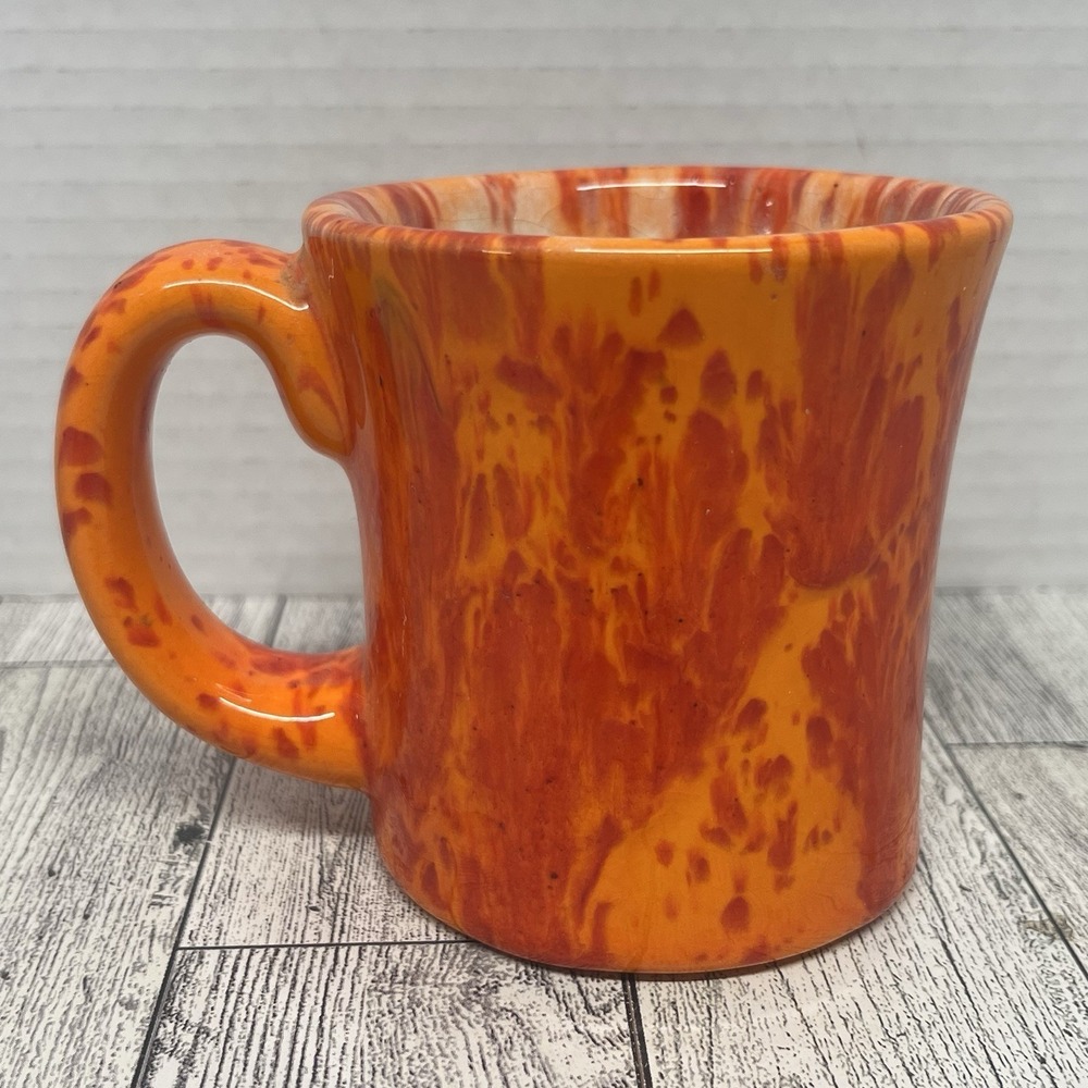 Retro 1977 Handcrafted Ceramic Coffee Mug Orange Red Volcanic Drip Glaze Signed